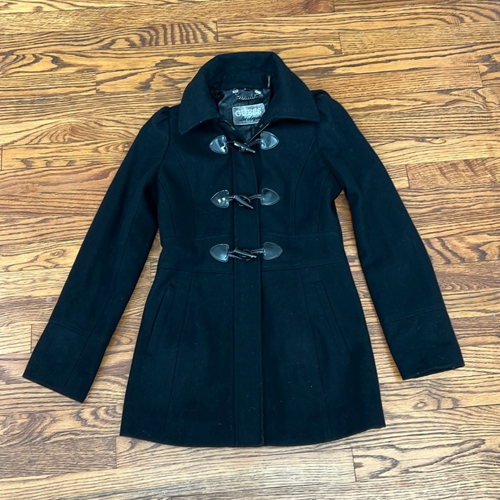 SOLD Guess Black Wool Blend Coat with Removable Hood, Toggle and Zipper Front